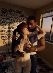 1boy1girl 1girl1boy 3d ai_generated arms_around_neck arms_around_partner asian_female bedroom black_male breast_grab breasts caress caressing_breasts carl_johnson chain choker close_together clothes_on_floor crossover dark-skinned_male dead_or_alive eastern_and_western_character evening exposed_breasts gangster ghetto gold_chain gold_jewelry graffiti graffiti_on_wall grand_theft_auto grand_theft_auto:_san_andreas holding_breast interracial jewelry kasumi_(doa) koei_tecmo kunoichi light-skinned_female looking_at_another looking_at_partner los_santos lovers messy_room muscular_male ninja ninja_clothes ninja_gaiden nipples ponytail rockstar_games romantic_ambiance romantic_couple romantic_gazing staring_at_another staring_at_partner stockings sunset team_ninja thong touching touching_breast window wowzerspowzers
