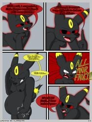 3:4 absurd_res angry anthro black_body black_fur breasts canid canine comic digital_drawing_(artwork) digital_media_(artwork) duo eeveelution english_text female fingers fist flamberry_(artist) fur generation_2_pokemon genitals hi_res ibispaint_(artwork) looking_at_viewer mammal nintendo nipples nude onomatopoeia open_mouth pokemon pokemon_(species) red_eyes simple_background smile sound_effects standing tail teeth text umbreon unomia_venizee_flare_(flamberry) vulva yellow_body yellow_fur