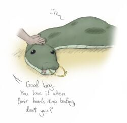 ambiguous_feral ambiguous_gender death dialogue duo english_text fatal_vore feral fully_inside headgear headpat hi_res male_pred meowmere mostly_offscreen_character petting reptile scalie serpentine simple_background snake text tongue tongue_out vore