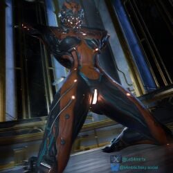 3d_(artwork) athletic athletic_female athletic_humanoid black_body breasts digital_media_(artwork) female genitals glowing glowing_body glowing_eyes glowing_genitalia glowing_markings glowing_vulva hi_res humanoid kneeling looking_at_viewer low-angle_view machine markings nude nude_female orange_body robot robot_humanoid samtrix small_breasts solo thick_thighs valkyr_(warframe) vulva