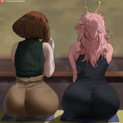 2girls antennae ashido_mina ashido_mina_time-skip ass big_ass bilingual_commentary black_dress black_sweater blurry blurry_background boku_no_hero_academia brown_hair brown_skirt colored_skin commentary dress english_commentary from_side highres language_commentary mina_ashido mina_ashido_time-skip mixed multiple_girls my_hero_academia my_hero_academia_(finale) ochaco_uraraka ochako_time-skip ochako_uraraka oroborus oroborusart patreon_logo patreon_username pink_hair pink_skin post-timeskip short_hair sitting skirt sleeveless sleeveless_sweater slim_waist sweater uraraka_ochaco