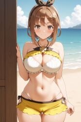 rena_aikawa_(pixiv_user) atelier_(series) atelier_ryza reisalin_stout bangs bare_arms bare_shoulders bikini bikini_shorts black_hairband black_hair_ornament black_ribbon bow_hairband clothing clothing_cutout frills hairband hairclip hair_ornament halterneck headwear jewelry ribbon shorts short_shorts swimsuit white_bikini white_swimsuit yellow_bikini yellow_shorts yellow_swimsuit blush breasts brown_eyes brown_hair cameltoe clavicle cleavage female gluteal_fold large_breasts navel short_hair skindentation stomach thigh_gap thighs arm_at_side closed_mouth hand_up smile standing looking_at_viewer cloud sand water 1girl beach blue_sky day horizon ocean outdoors shore sky solo portrait high_resolution ai_generated stable_diffusion pixiv parent:17518290