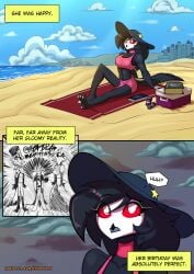 1girls anthro avian beach beach_towel breasts clothing cloud comic comic_page demon demon_girl dialogue female female_only furry furry_only hat helluva_boss mrmelted ocean octavia_(helluva_boss) png sand sitting sky solo starbreaker stella_(helluva_boss) stolas_(helluva_boss) swimsuit text text_box thick_thighs two_piece_swimsuit water wide_hips