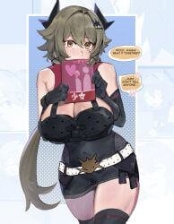 adorable big_breasts blush caesar_king caesar_king_(zenless_zone_zero) cleavage cute embarrassed hiding_face holding_book holding_object male_pov ponytail talking_to_viewer thick_thighs tomboy uwadori wholesome wise_(zenless_zone_zero) zenless_zone_zero