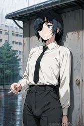 1boy ai_generated black_hair black_necktie black_pants blue_eyes building bulge chainsaw_man cigarette closed_mouth collared_shirt eyepatch femboy genderswap genderswap_(ftm) high-waist_pants himeno_(chainsaw_man) holding holding_cigarette long_sleeves male necktie outdoors pants rain shirt shirt_tucked_in short_hair smoking solo standing tehmar trans_woman transfem trap tree wet_clothes white_shirt