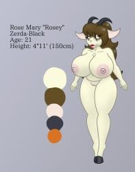 anthro areola big_breasts blush body_blush bovid breasts brown_eyes brown_hair caprine color_swatch eyewear facial_markings female female_only fur genitals glasses goat hair head_markings hi_res hooves horn huge_breasts lipstick long_hair makeup mammal markings mask_(marking) model_sheet navel nipples nude nude_anthro nude_female pink_areola pink_nipples red_lipstick rosey_zerda_black simple_background slightly_chubby solo tan_body tan_fur text thick_thighs vulva vulva_blush wearing_glasses zibdan
