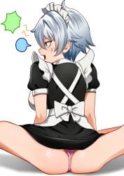 1mr_19y maid maid_uniform alternate_costume ginko_sakata gintoki_sakata gintama female_only female maid_headdress solo white_hair short_hair red_eyes rear_view sitting panties pink_panties anger_vein angry annoyed apron ass silver_hair fully_clothed genderswap_(mtf) rule_63 canon_genderswap