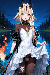 arknights reed_(arknights) ai_generated tehmar femboy genderswap genderswap_(ftm) male trans_woman transfem trap 1boy sky flower horns night dress bulge blonde_hair solo gloves outdoors penis open_mouth green_eyes blush erection_under_clothes standing long_hair fire hair_ornament white_dress testicles hair_flower looking_at_viewer tree night_sky cowboy_shot dragon_tail bangs dragon_horns eyebrows_visible_through_hair pantyhose open_clothes off_shoulder open_jacket black_gloves tail covered_navel ahoge clothes_lift black_jacket single_glove white_flower water short_sleeves flame-tipped_tail