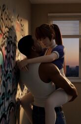 1boy1girl 1girl1boy 3d ai_generated arms_around_neck arms_around_partner asian_female bedroom black_male carl_johnson carrying carrying_partner carrying_person chain choker crossover dark-skinned_male dead_or_alive eastern_and_western_character evening gangster ghetto gold_chain gold_jewelry graffiti graffiti_on_wall grand_theft_auto grand_theft_auto:_san_andreas holding holding_ass hug in_love interracial jewelry kasumi_(doa) koei_tecmo kunoichi lifting lifting_person light-skinned_female looking_at_another looking_at_partner los_santos lovers muscular_male ninja ninja_clothes ninja_gaiden ponytail rockstar_games romantic_ambiance romantic_couple romantic_gazing staring_at_another staring_at_partner stockings sunset team_ninja thong_straps window wowzerspowzers