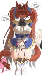 doli_palta umamusume daiwa_scarlet_(peak_blue)_(umamusume) daiwa_scarlet_(umamusume) absurdres commentary english_commentary highres 1boy 1girl animal_ears antenna_hair black_bow black_bowtie blush bow bowtie breasts brown_hair brown_tail center_frills english_text epaulettes framed_breasts frills hair_between_eyes hair_intakes hair_ornament happy_birthday holding_own_skirt horse_ears horse_girl horse_tail in_heat large_breasts long_hair looking_at_viewer open_mouth pov pov_hands red_eyes shirt simple_background speech_bubble tail thick_thighs thighhighs thighs tiara twintails very_long_hair white_background white_shirt white_thighhighs 1girls