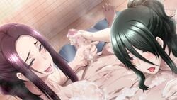 2girls areolae bangs bath bathroom black_hair blush breast_rest breasts brown_hair butcha-u censored duo_handjob dutch_angle feet game_cg hair_up handjob highres indoors kurosu_reina large_breasts long_hair looking_at_viewer looking_back meikoku_gakuen_jutai_hen:_onegaishimasu......_sensei_no_seieki_de,_watashi-tachi_wo_tasukete_hoshiin_desu! mosaic_censoring multiple_girls nipples nude open_mouth parted_lips penis ponytail pov red_eyes shiny shiny_hair smile soap_bubbles steam sweat teamwork tied_hair toes twin_handjob wet