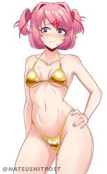 1girl 1girls absurd_res absurd_resolution absurdres artist_request bikini bikini_bottom bikini_top blush blush_lines blushing bob_cut canine_tooth cute cute_face ddlc doki_doki_literature_club female girl golden_bikini hair_vents hand_on_hip hi_res high_quality high_resolution highres jpg legs looking_away looking_away_from_viewer natsuki_(doki_doki_literature_club) nervous painted_nails partially_clothed pigtails pink_eyes pink_hair pose posing posing_for_picture posing_for_the_viewer practically_nude questionable reflective_body reflective_clothing serenity_forge shining_eyes shiny_clothes shiny_hair shiny_skin short_hair showing_off simple_background small_breasts source team_salvato thighs torso trend tsundere twitter twitter_link wholesome x_hair_ornament