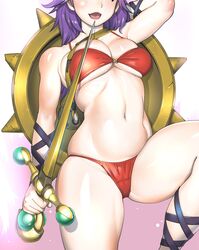 bikini bra breasts cameltoe cleavage female love_handles panties princess_athena purple_hair ribs sandals shield snk sword thick_thighs