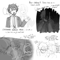 2boys :d absurdres akinashi_haru blunt_bangs blush cardigan collarbone collared_shirt commentary crying double-parted_bangs embarrassed english_commentary english_text femboy greyscale hair_between_eyes highres id_card jacket lanyard long_sleeves male_focus male_masturbation masturbation medium_hair mirror mixed-language_text monochrome motion_lines multiple_boys necktie nude open_cardigan open_clothes open_jacket peanut_mouth saihate_eki shirt short_hair sidelocks smile smug sparkle speech_bubble spoilers spoken_character suit_jacket tatsunami_shion tosteurmori yaoi