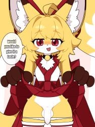 anthro asian_clothing bedroom_eyes blush bottomwear canid canine clothed clothing clothing_lift collar crossgender east_asian_clothing female_(lore) flaccid flashing flashing_penis fluffy fluffy_tail foreskin fox ftg_crossgender fti_crossgender fur genitals gynomorph hi_res humanoid_genitalia humanoid_penis intersex japanese_clothing kemono km-15 legwear long_tail looking_at_viewer lumen_(km-15) mammal miko_outfit narrowed_eyes open_mouth oral_request panties panties_down partially_clothed penis presenting presenting_penis red_eyes requesting seductive sex_request simple_background skirt skirt_lift solo speech_bubble stockings tail underwear underwear_down upskirt yellow_body yellow_fur