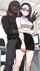 brokewyt ai_generated juhee everything_is_agreed_upon 1girl long_hair breasts looking_at_viewer blush smile bangs skirt shirt black_hair long_sleeves 1boy closed_mouth green_eyes standing white_shirt purple_hair hetero glasses shiny collared_shirt belt pants indoors hand_up dark_skin cum black_skirt shiny_hair black_shirt dress_shirt v feet_out_of_frame black_pants dark-skinned_male after_sex pencil_skirt black-framed_eyewear black_belt interracial shirt_tucked_in office_lady grey_pants dreadlocks
