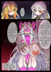 3girls ball_gag bdsm blindfold blonde_hair blush bound breast_grab collar comic defeat defeat_sex defeated defeated_hero english english_commentary english_dialogue english_language english_subtitles english_text english_translation exposed_pussy gagged genital_piercing genshin_impact hair_accessory harness human_toilet istaroth_(genshin_impact) large_breasts leotard living_object mind_broken miwerjooggetser naberius_(genshin_impact) nipple_piercing petplay piercing pink_leotard rhinedottir_(genshin_impact) ronova_(genshin_impact) speech_bubble sweat tears text translated uncensored white_hair yellow_eyes