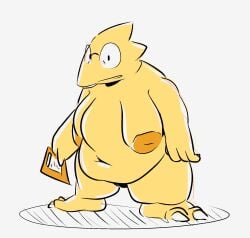 alphys anthro barely_visible_genitalia belly big_belly big_breasts breasts buckteeth claws clipboard deep_navel eyewear female genitals glasses hi_res holding_clipboard holding_object huge_belly lizard looking_at_viewer navel obese obese_anthro obese_female overweight overweight_anthro overweight_female reptile scales scalie shortstack solo standing teeth thick_thighs undertale undertale_(series) vyralewd yellow_body yellow_scales