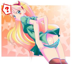 1girls ? ass blonde_female blonde_hair disney disney_channel disney_xd dress dutch_angle fake_horns human mikado_ryouma panty_pull solo star_butterfly star_vs_the_forces_of_evil straight_hair striped striped_panties text upskirt white_female xxangeluciferxx