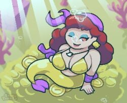 air_bubble air_bubbles bandana big_breasts bikini bikini_top boobs breasts bubble bubbles captain_syrup coin coins coral earring earrings gold_bikini gold_earrings jewelry looking_at_viewer looking_up makeup mario_(series) mermaid mermaid_tail necklace nintendo okami_tomato red_eyes red_hair seabed sunbeam treasure underwater wario_(series) water watermark wink winking winking_at_viewer