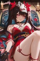 sparkle_(honkai:_star_rail) honkai:star_rail honkai(series) 1girl mask twintails solo fox_mask smile gloves looking_at_viewer mask_on_head choker black_gloves bare_shoulders long_hair bell black_choker neck_bell red_dress thighs dress sash knee_up pink_eyes candle halterneck breasts obi facial_mark criss-cross_halter black_hair closed_mouth jingle_bell underwear thigh_strap cleavage brown_hair black_sash detached_sleeves panties tattoo knees_up bow pillow collarbone sitting short_dress red_bow o-ring flower_tattoo multicolored_hair snubnosed_revolver artist_name medium_breasts sidelocks very_long_hair symbol-shaped_pupils hair_bow on_back short_sleeves lying sleeveless sleeveless_dress blunt_bangs hair_ornament single_glove mionety ai_generated