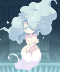 1girl aqua_eyes aqua_hair arm_under_breasts big_hair blush_stickers breasts bright_pupils collarbone commentary_request completely_nude en'enra enraenra_(youkai_watch) floating floating_hair hair_over_one_eye large_breasts long_hair looking_at_viewer nipples nollety nude pussy short_eyebrows smile solo thick_eyebrows thick_thighs thighs traditional_youkai white_pupils wide_hips youkai_(youkai_watch) youkai_watch youkai_watch_2