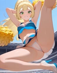 ai_generated bare_legs blonde_female cheerleader_uniform focus_on_crotch green_eyes heavenly_body high_heels lillie_(pokemon) offering_self offering_to_viewer outdoors perfect_legs petite_female pokemon pokemon_sm sexy_female slutty_body slutty_cheerleader slutty_female small_breasts tempting tempting_viewer white_panties white_skin