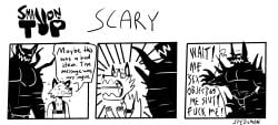 2boys afraid anthro big_sub black_and_white canine demon dialogue english_text fearful_expression first_meeting first_time furry gay harness male male/male male_only monster monster_fucker muscles muscular nervous nervous_face regret role_reversal scared second_thoughts shocked shocked_expression size_difference small_dom_big_sub smaller_male spedumon surprised text