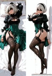 1girl 1girls 2b_(nier:automata) ai_generated big_breasts black_blindfold black_hairband black_thighhighs blindfold blush breasts cleavage cleavage_cutout clothing_cutout covered_navel cum cum_on_body cum_on_face dakimakura dress feather-trimmed_sleeves female female_only full_body garter_straps hairband juliet_sleeves kermixx large_breasts leotard light-skinned_female light_skin long_sleeves lying mole mole_under_mouth multiple_views nier:_automata on_back pillow puffy_sleeves short_hair solo solo_female thighhighs thighs white_hair yorha_2b