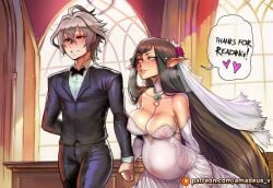 black_jacket black_bowtie big_breasts breasts heart black_hair clothed pants tuxedo male looking_at_viewer blush hetero see-through arm_behind_back 1boy <3 dress pointy_ears shirt patreon_username black_pants watermark wedding strapless_dress detached_collar flower wedding_dress wedding_ring long_hair translucent large_breasts patreon_logo interspecies_pregnancy ring duo holding_hands married_couple smile bare_shoulders parted_lips pregnant artist_name collarbone female formal english_text couple very_long_hair yellow_eyes clothing jacket grey_hair window dialogue strapless web_address cleavage nipples bridal_veil detached_sleeves red_eyes bride suit bowtie husband_and_wife jewelry hair 1girl text speech_bubble humanoid_pointy_ears indoors white_dress covered_nipples black_bow veil bridal_gauntlets animal_humanoid big_belly bow ai_generated amadeus_v comic semiramis_(fate) sieg_(fate/apocrypha) fate_(series) fate/apocrypha