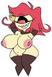 deadass_77 niffty_(hazbin_hotel) yellow_skin pink_nipples big_breasts hazbin_hotel cyclops_girl red_hair arms_behind_head pussy alternate_version_at_source 2d 2d_(artwork) highres high_quality high_resolution tagme