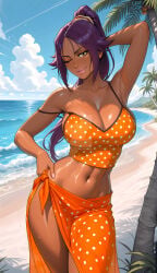 yoruichi_shihouin yoruichi bleach beach beach_background ocean ocean_background coast coastline polka_dot camisole strap_slip sarong sweaty sweaty_body sweaty_breasts big_breasts big_tits big_titties busty busty_female cleavage deep_cleavage dark_skin dark_skinned_female purple_hair purple_hair_female one_hand_behind_head one_eye_closed winking_at_viewer one_hand_on_hip navel bellybutton midriff midriff_peek clouds coconut_tree voluptuous voluptuous_female female female_only pink_lips thighs sweaty_thighs ai_generated ai_assisted ai_art ai-created stable_diffusion comfyui philolite deviantart deviantart_username deviantart_link deviantart_logo deviantart_url deviantart_watermark seductive_look seductive_smile seductive_female