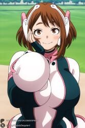1girl breasts uraraka_ochako brown_hair solo brown_eyes looking_at_viewer bodysuit short_hair smile hand_on_own_face blush gloves outdoors fingerless_gloves large_breasts upper_body hand_on_own_cheek grass headgear closed_mouth huge_breasts bangs patreon_username black_gloves watermark ochako_uraraka boku_no_hero_academia my_hero_academia unjobdespiert ai_generated 1female curvy huge_ass big_breasts big_ass 1girls 2026 artist_name hi_res highres high_quality high_resolution patreon