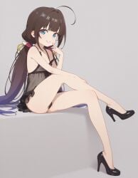 ai_generated black_lingerie blue_eyes brown_hair focus_on_thighs goth goth_makeup gothic_lolita heavenly_body high_heels hinatsuru_ai ia_generated perfect_thighs sexy_body slutty_dress slutty_female small_breasts smile_at_viewer temptation tempting_viewer twintails