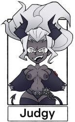 deadass_77 helltaker judgement_(helltaker) grey_skin demon_girl horns white_hair glowing_eyes satanic_symbol devil_tail 2d 2d_(artwork) highres high_quality high_resolution tagme seductive_look looking_at_viewer