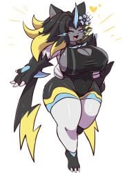 1girls aurora_(nbanoob) belly_button big_breasts breasts chest_tuft claws cleavage female flower flower_in_hair furry heart huge_breasts multicolored_body oreon_smol pokemon pokemon_(species) solo solo_female solo_focus tagme tail thick_thighs wide_hips yellow_hair yellow_tail zeraora mega_zeraora