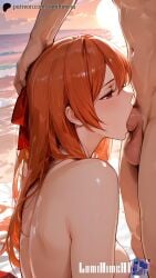 orange_hair long_hair red_eyes blush large_breasts nipples nude completely_nude red_ribbon penis blowjob oral fellatio deepthroat saliva precum dripping tongue_out handjob ahegao hetero 1girl 1boy outdoors beach ocean water sunset shiny_skin oily_skin wet ai_generated explicit nsfw anime_style breasts_focus face_focus close-up detailed_background chelsea_(akame_ga_kill!) akame_ga_kill! lumihimeai