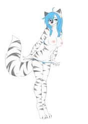 2015 anthro blue_eyes blue_hair breasts canine clothing feline female fur hair heterochromia hybrid lauriana_silver-mane linhthasack mammal nipples nude panties panties_down purple_eyes pussy simple_background solo standing tiger underwear undressing white_background white_fur wolf