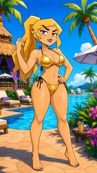 1girls ai_generated beach big_breasts bikini blonde_female blonde_hair breasts curvy eyelashes feet female female_focus female_only furry gameoverse glitch_productions gold_bikini golden_bikini hand_on_hip honey_queen_studios light-skinned_female light_skin looking_at_viewer miss_information_(gameoverse) nail_polish outdoors palm_trees ponytail purple_eyes purple_nail_polish purple_nails seductive sky smile smiling solo summer sunny_day swimsuit thick_thighs thighs tropical_island voluptuous voluptuous_female wide_hips
