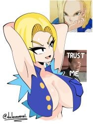 1girls android_18 big_breasts blonde_hair blue_eyes breasts cleavage dalexnormal dnormal11 dragon_ball dragon_ball_z female female_only huge_breasts large_breasts meme t-800 terminator terminator_2:_judgment_day