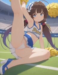 ai_generated small_breasts bare_legs perfect_legs cheerleader_uniform slutty_female slutty_body slutty_cheerleader petite_female heavenly_body tempting_viewer tempting sexy_female high_heels offering_to_viewer offering_self white_skin white_panties focus_on_crotch outdoors hinatsuru_ai long_hair twintails blue_eyes