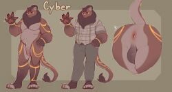 2024 3_toes 5_fingers anthro anus arm_markings backsack balls bottomwear brown_balls brown_body brown_fur brown_hair butt butt_focus chest_tuft chipmunk clothed clothed_male clothing countershading creamedpufff cyber_(creamedpufff) english_text facial_markings feet felid fingers flaccid flannel_shirt fur genitals gesture gloves_(marking) green_background ground_squirrel hair head_markings hi_res hybrid leg_markings lion male male_anthro mammal mane markings model_sheet muscular nude_male pantherine pants pawpads penis perineum red_anus red_eyes rodent sciurid simple_background slightly_chubby slightly_chubby_male socks_(marking) solo standing tail tail_markings tail_tuft tan_body tan_bottomwear tan_clothing tan_fur tan_pants tan_penis tan_topwear text toes topwear tuft waving y_anus yellow_markings