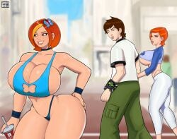 ben_10 ben_tennyson big_breasts big_butt bimbo brown_eyes busty butterfly butterfly_(planetronika) cheating cheating_boyfriend cleavage dyed_hair female gnashershells gradient_hair green_eyes gwen_tennyson looking_at_another looking_back massive_breasts meme netorare ntr panties planetronika red_hair revealing_clothes size_difference skimpy_clothes thick_hips thick_legs thick_thighs thighs tight_clothing underwear_strap