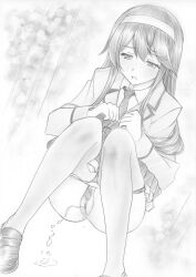 1girl alternate_costume censored clothes_lift collared_shirt commentary_request double-parted_bangs fd_(fd_sanmaru) female_pubic_hair frilled_skirt frills greyscale hair_between_eyes hairband haruna_(kancolle) highres jacket kantai_collection loafers long_hair long_sleeves looking_at_viewer monochrome mosaic_censoring necktie panties panty_pull pee peeing pubic_hair pussy shirt shoes sidelocks skirt skirt_lift solo squatting thighhighs traditional_media underwear