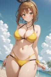rena_aikawa_(pixiv_user) atelier_(series) atelier_ryza reisalin_stout bare_arms bare_shoulders bikini bikini_bottom black_hairband black_hair_ornament black_ribbon bow_hairband clothing hairband hairclip hair_ornament halterneck headwear jewelry key_necklace necklace ribbon side-tie_bikini side-tie_bikini_bottom side-tie_clothing side-tie_swimsuit string_bikini swimsuit yellow_bikini yellow_swimsuit blush breasts brown_eyes brown_hair cameltoe clavicle cleavage female gluteal_fold large_breasts navel short_hair skindentation stomach thigh_gap thighs closed_mouth smile standing looking_at_viewer palm_tree tree key cloud water 1girl beach blue_sky day ocean outdoors shore sky solo portrait high_resolution ai_generated stable_diffusion pixiv