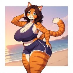 2026 ai_generated self_upload gym_uniform gym_clothing beach furry_only furry furry_female anthro anthro_only anthro_focus female_focus pose beach_background feline cat_tail tail tail_markings markings orange_fur orange_stripes purple_clothing 1girls solo solo_focus brunette_hair brunette green_eyes eyeshadow big_breasts huge_breasts cleavage overboob thick thick_thighs thick_ass wide_hips big_ass clothed_female smile looking_at_viewer pink_nose ear_tuft mature_female