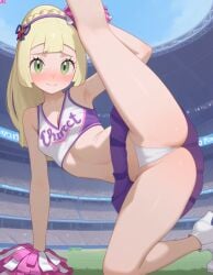 ai_generated bare_legs blonde_female cheerleader_uniform focus_on_crotch green_eyes heavenly_body high_heels lillie_(pokemon) offering_self offering_to_viewer outdoors perfect_legs petite_female pokemon pokemon_sm sexy_female slutty_body slutty_cheerleader slutty_female small_breasts tempting tempting_viewer white_panties white_skin