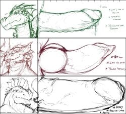 absurd_res anthro bodily_fluids chart claws dragon english_text erection eyewear facial_hair foreskin genital_fluids genitals glasses goatee group hi_res humanoid_genitalia humanoid_penis knot knotted_penis male mythological_creature mythological_scalie mythology pandottermon penis penis_chart penis_compression penis_size_comparison penis_size_difference precum scalie smile teeth text thick_penis trio vein veiny_penis
