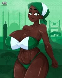 2023 alvarikokearte bald bald_female big_breasts bikini breasts countryhumans countryhumans_girl countrypersons dark-skinned_female dark_skin female green_eyes national_personification nigeria_(countryhumans) nigerian nigerian_female nigerian_flag nigerian_flag_bikini original original_character personification png solo solo_female tagme