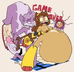 1boy 1girls algob4v anthro cat_ears cat_tail catgirl clothes clothes_lift cum cum_in_pussy cum_inflated_belly cum_inside cumflated_belly cumflation da_goop defeated dubious_consent feline furry game_over gameoverse gameplay_mechanics impregnation inflation kit_(gameoverse) original_character questionable_consent rape skunk stomach_bulge stomach_deformation tail